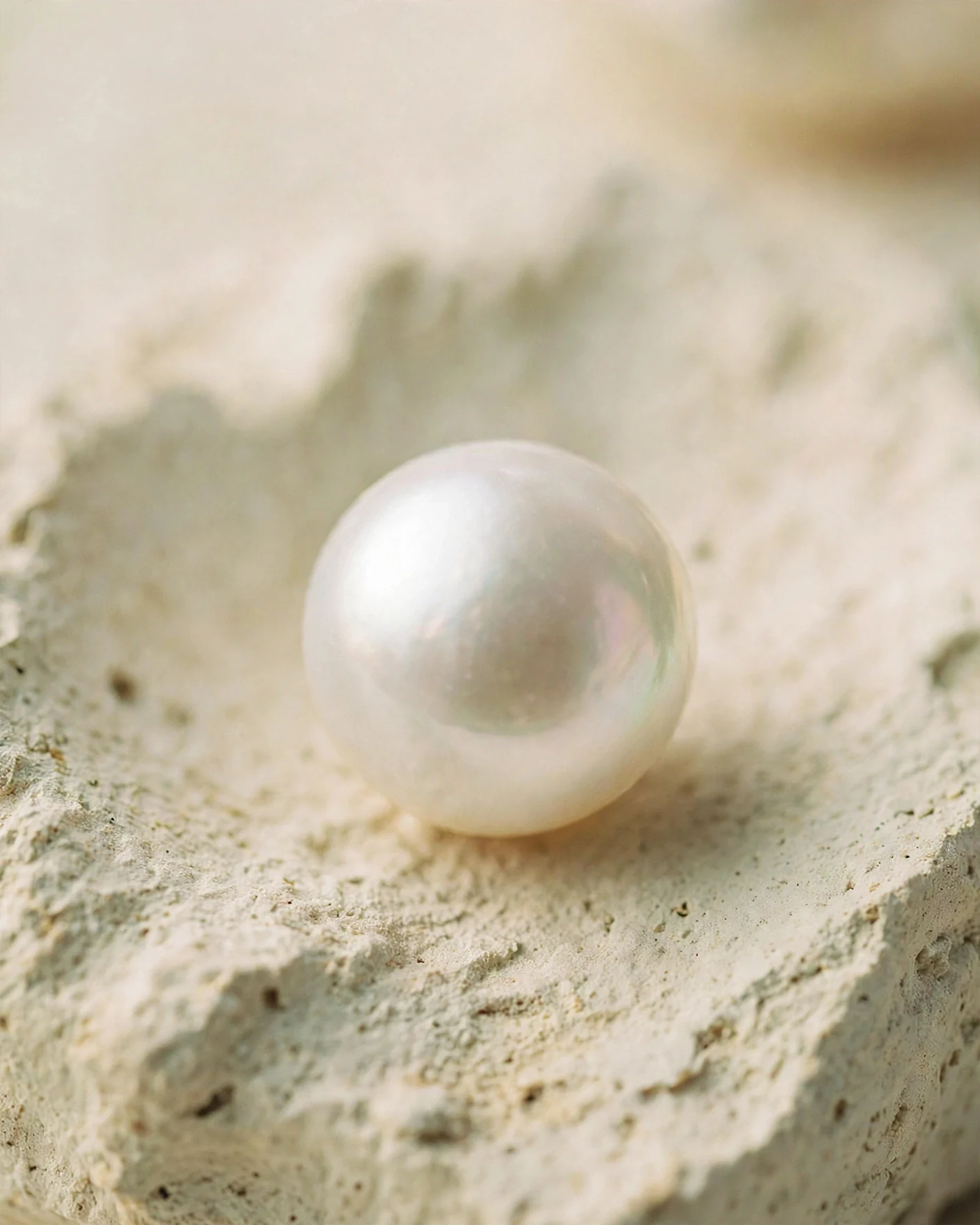 A single white pearl resting in a hollow of pale coral stone, soft daylight